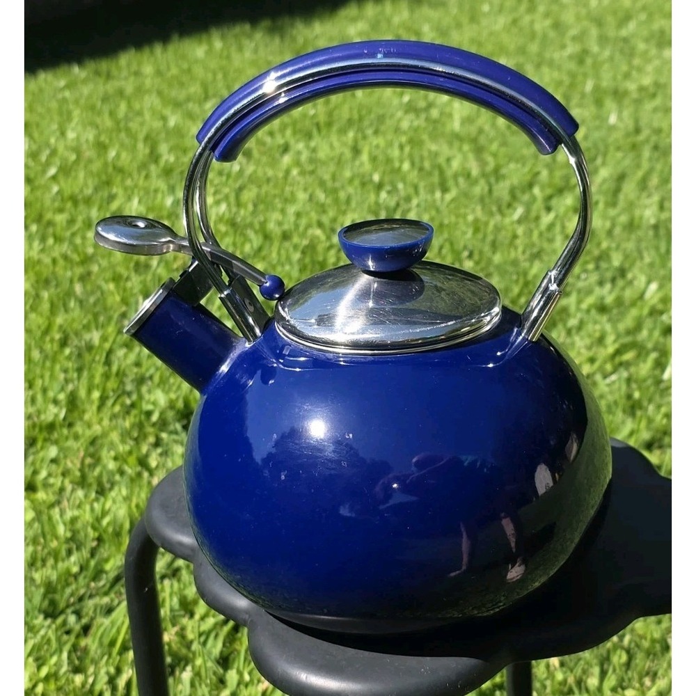Vintage Dark Blue Enamelware Tea Pot Whistle Spout Brewing Classic Nevermore